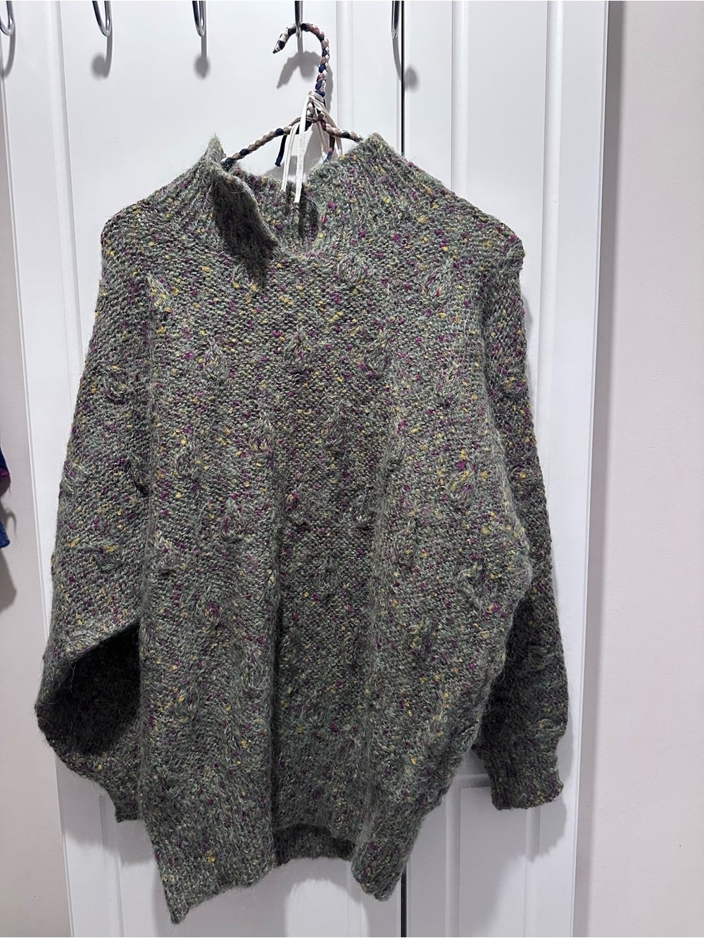 Funky Olive Green Handknit Sweater Free Size Real Wool Mock Neck Cinched Waist